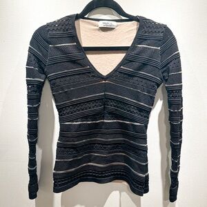 NWOT Bailey 44 Cream V-Neck Top Black Lace Long Sleeve